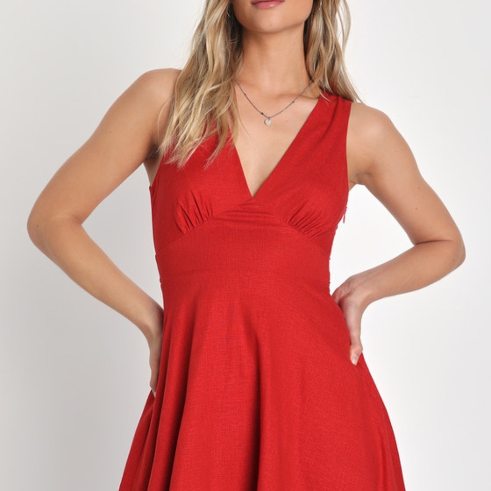 Lulus Marseille Memories Red Linen Skater Mini Dress - Size L